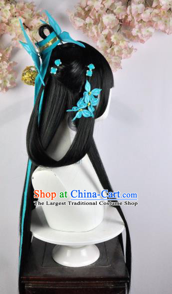 Traditional Chinese Cosplay Fairy Wigs Sheath Ancient Female Swordsman Chignon and Hair Accessories for Women