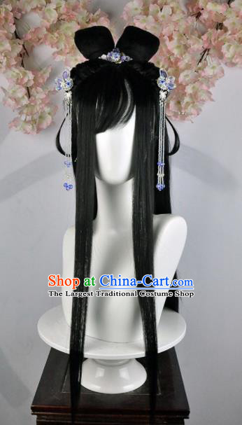 Traditional Chinese Cosplay Goddess Princess Brown Wigs Sheath Ancient Female Swordsman Chignon and Hair Accessories for Women