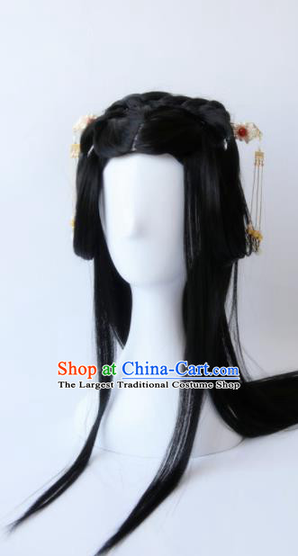 Traditional Chinese Cosplay Princess Shi Sanyue Black Long Wigs Sheath Ancient Female Swordsman Chignon for Women