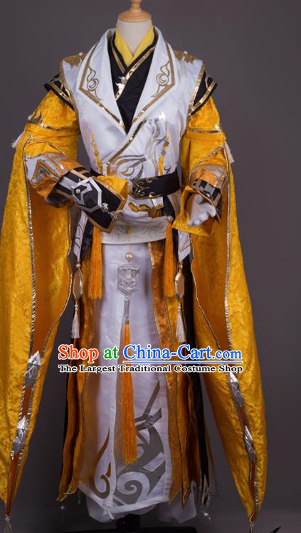 Traditional Chinese Cosplay Crown Prince Golden Costumes Ancient Swordsman Hanfu Clothing for Men