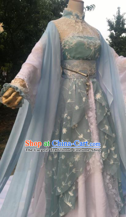 Traditional Chinese Cosplay Female Swordsman Jun Fu Blue Dress Ancient Drama Fairy Princess Costumes for Women