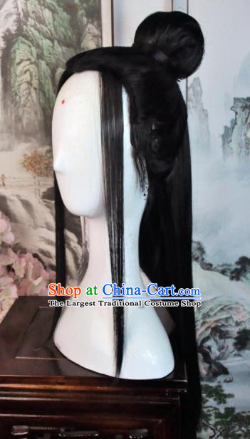 Traditional Chinese Cosplay Taoist Nun Black Long Wigs Sheath Ancient Swordsman Goddess Chignon for Women