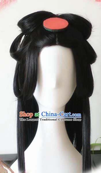 Traditional Chinese Cosplay Princess Black Long Wigs Sheath Ancient Female Swordsman Chignon for Women