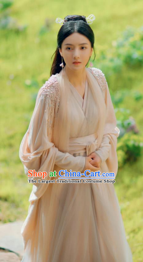 Chinese Ancient Goddess Pink Dress Drama Love and Destiny Princess Qing Yao Zhang Zhixi Costumes and Headpiece for Women