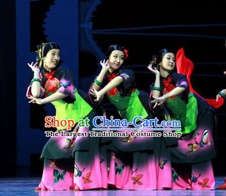 Chinese Female Embroider Folk Dance Fan Dance Dress Stage Performance Costume and Headpiece for Women