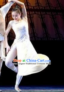 Chinese Female Embroider Classical Dance White Dress Stage Performance Costume and Headpiece for Women