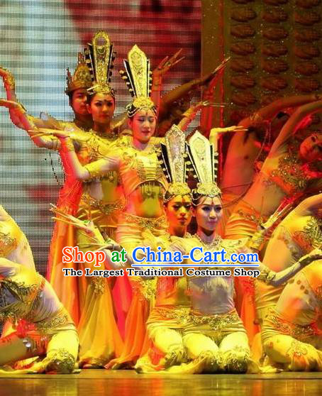 Chinese Night Of West Lake Classical Dance Thousand Hand Kwan Yin Dress Stage Performance Costume and Headpiece for Women