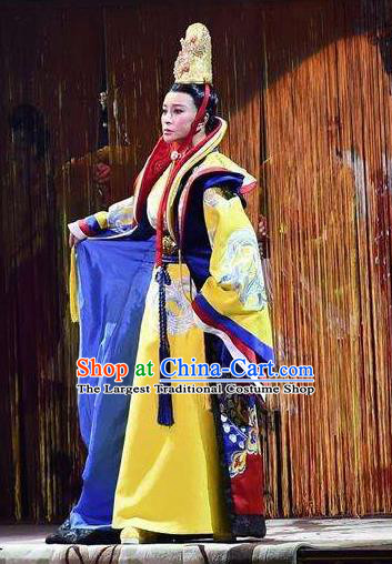 The Empress of China Ancient Tang Dynasty Royal Queen Golden Dress Stage Performance Dance Costume and Headpiece for Women