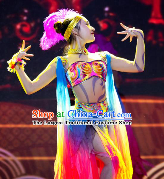 Chinese Phenix Dance In The Sky Classical Dance Colorful Dress Stage Performance Costume and Headpiece for Women