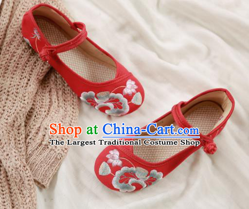 Traditional Chinese Embroidery Lotus Red Shoes National Embroidered Shoes Hanfu Shoes for Women