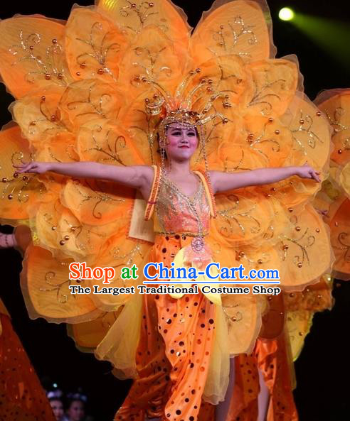 Chinese Impression of Suzhou Classical Flower Dance Orange Dress Stage Performance Costume and Headpiece for Women