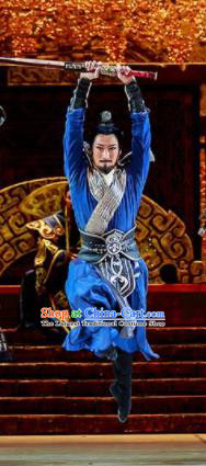Lady Zhaojun Chinese Han Dynasty Swordsman Blue Clothing Stage Performance Dance Costume for Men