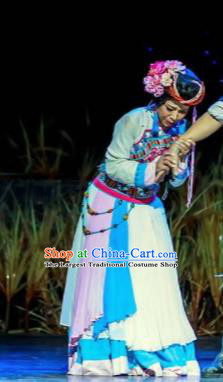 Walking Marriage Chinese Mosuo Minority Folk Dance White Dress Stage Performance Dance Costume and Headpiece for Women