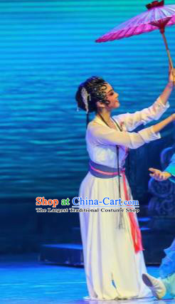 Sunsets Chinese Classical Dance Bai Suzhen White Dress Stage Performance Dance Costume and Headpiece for Women