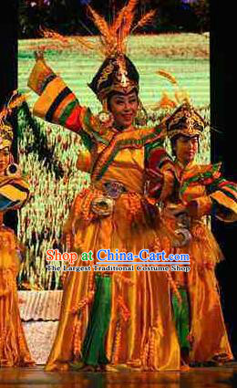 Rainbow Tribe Chinese Tu Minority Yellow Dress Stage Performance Dance Costume and Headpiece for Women