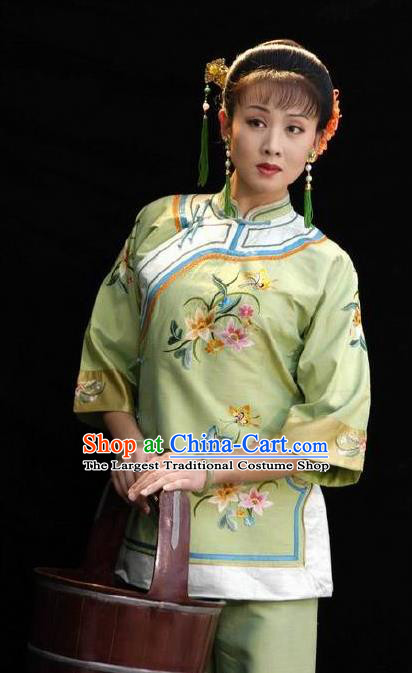 Huizhou Beauty Chinese Huangmei Opera Green Dress Stage Performance Dance Costume and Headpiece for Women