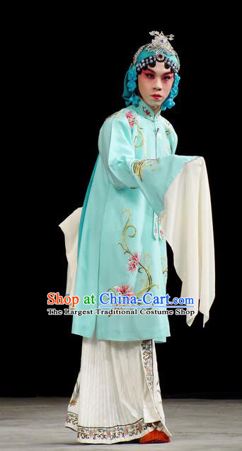 Han Consort Ming Chinese Peking Opera Palace Lady Blue Dress Stage Performance Dance Costume and Headpiece for Women