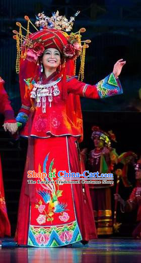 Huang Si Jie Chinese Tujia Minority Wedding Red Dress Stage Performance Dance Costume and Headpiece for Women