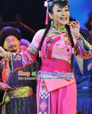 Huang Si Jie Chinese Tujia Minority Pink Dress Stage Performance Dance Costume and Headpiece for Women