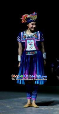 Menogga Garden Chinese Zhuang Nationality Folk Dance Blue Dress Stage Performance Dance Costume and Headpiece for Women