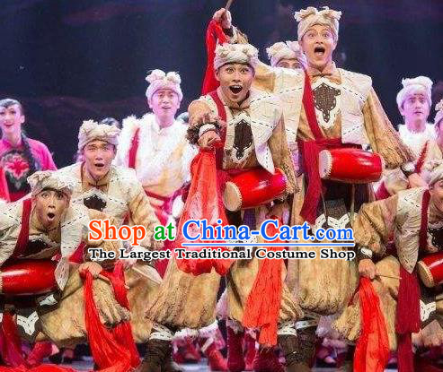 Drama Lan Huahua Chinese Folk Dance Drum Dance Clothing Stage Performance Dance Costume and Headpiece for Men