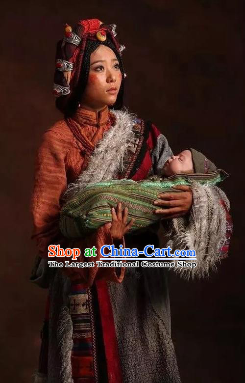 The Heavenly Road Chinese Zang Nationality Dance Tibetan Robe Stage Performance Dance Costume and Headpiece for Women