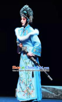 Mei Hua Zan Ceremony Chinese Beijing Opera Princess Blue Dress Stage Performance Dance Costume and Headpiece for Women