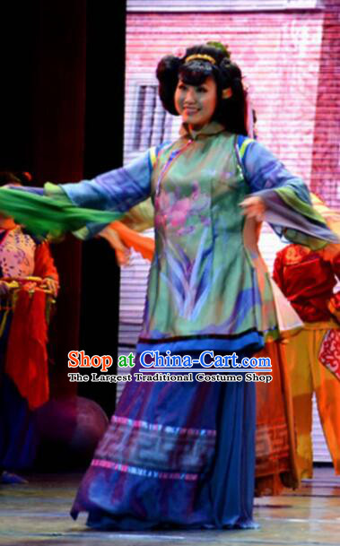 Gucuo Marriage Chinese Folk Dance Blue Dress Stage Performance Dance Costume and Headpiece for Women