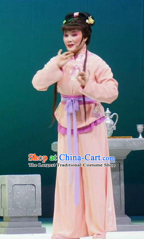 Xiang Luo Ji Chinese Shaoxing Opera Maidservant Pink Dress Stage Performance Dance Costume and Headpiece for Women