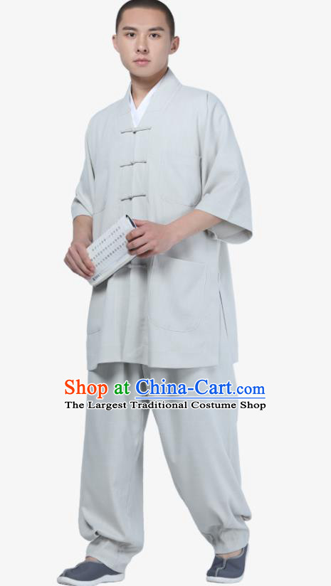 Traditional Chinese Monk Costume Meditation Light Grey Shirt and Pants for Men