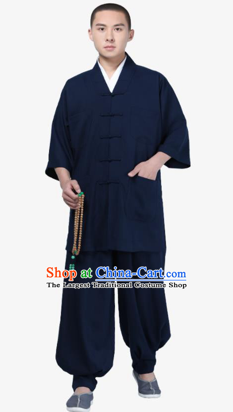 Traditional Chinese Monk Costume Meditation Navy Shirt and Pants for Men