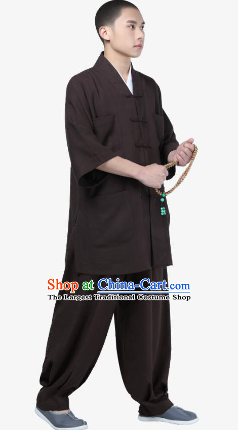 Traditional Chinese Monk Costume Meditation Brown Shirt and Pants for Men