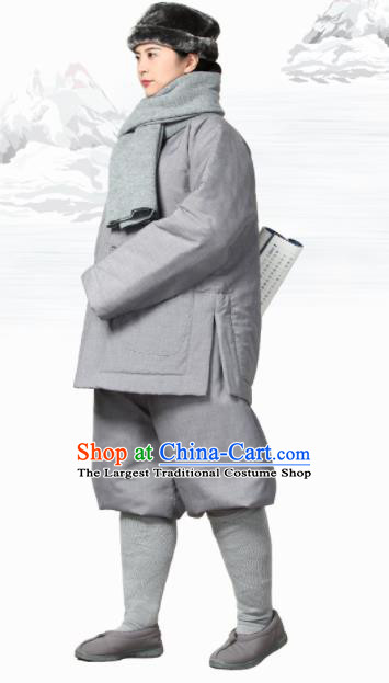 Traditional Chinese Monk Costume Meditation Outfits Grey Cotton Wadded Jacket Shirt and Pants for Men