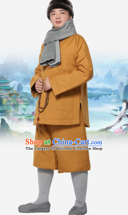 Traditional Chinese Monk Costume Meditation Outfits Khaki Cotton Wadded Jacket Shirt and Pants for Men