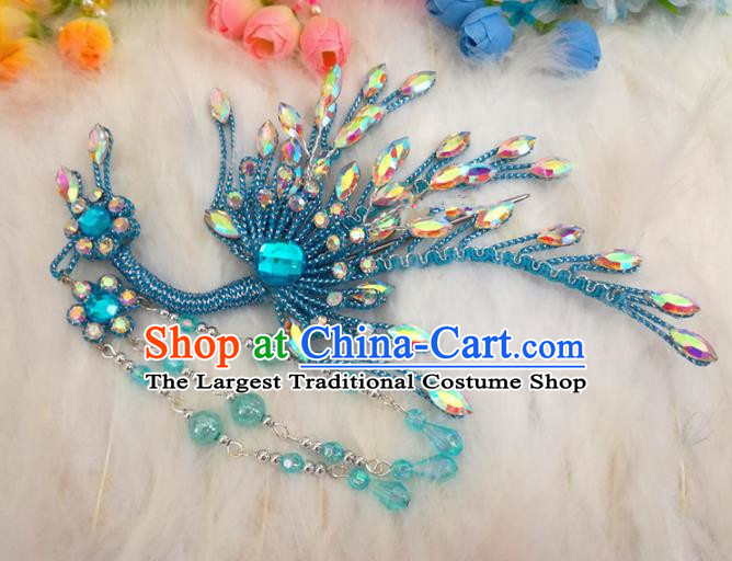 Chinese Traditional Beijing Opera Hair Accessories Peking Opera Diva Blue Phoenix Hairpins for Adults