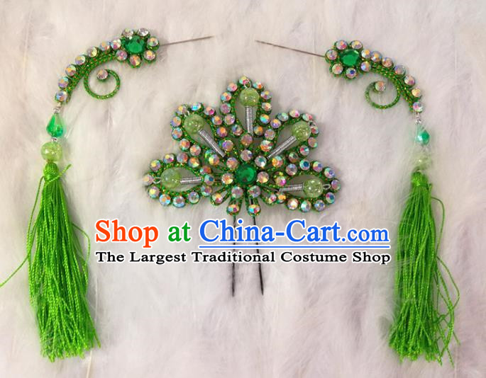 Chinese Traditional Beijing Opera Hair Accessories Peking Opera Green Flower Hairpins Tassel Step Shake for Adults