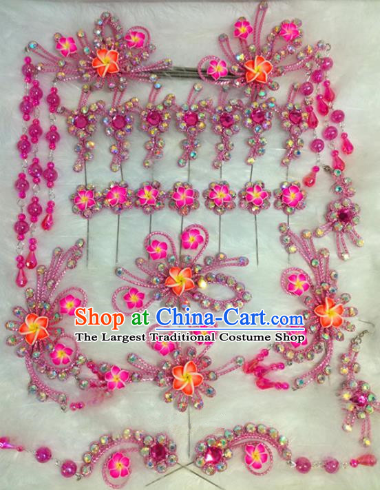 Chinese Traditional Beijing Opera Hair Accessories Peking Opera Pink Flower Hairpins Complete Set for Adults