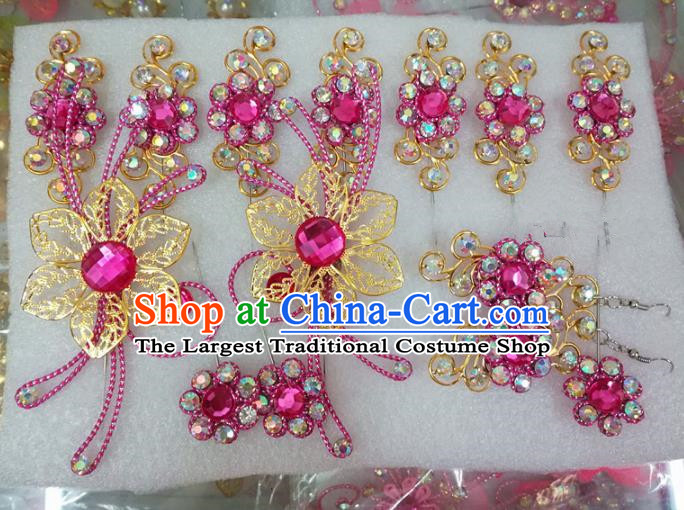 Chinese Traditional Beijing Opera Actress Crystal Rosy Hairpins Hair Accessories for Adults