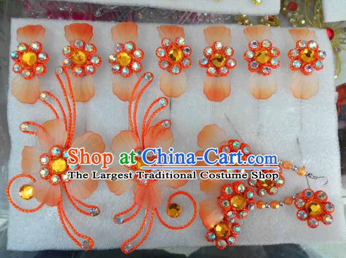 Chinese Traditional Beijing Opera Hair Accessories Peking Opera Princess Orange Flowers Hairpins Complete Set for Adults