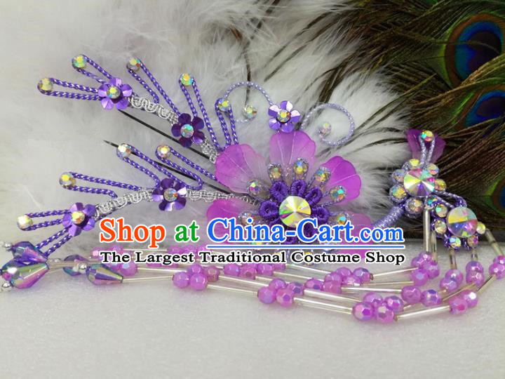 Chinese Traditional Beijing Opera Actress Purple Flower Hairpins Hair Accessories for Adults