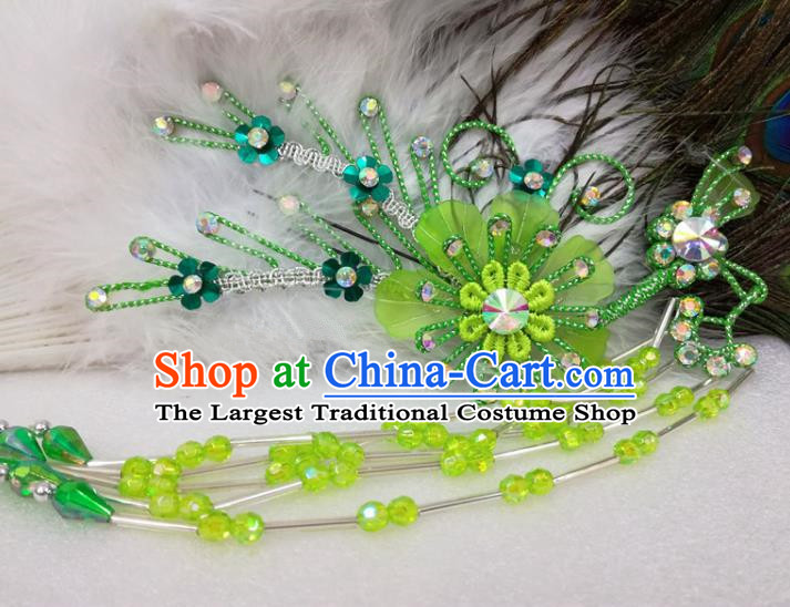 Chinese Traditional Beijing Opera Actress Green Flower Hairpins Hair Accessories for Adults