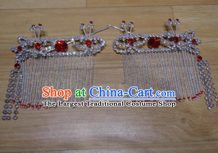 Chinese Traditional Beijing Opera Diva Sidebums Red Tassel Hairpins Princess Hair Accessories for Adults