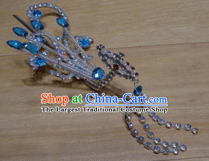 Chinese Traditional Beijing Opera Blue Crystal Phoenix Tassel Hairpins Princess Hair Accessories for Adults