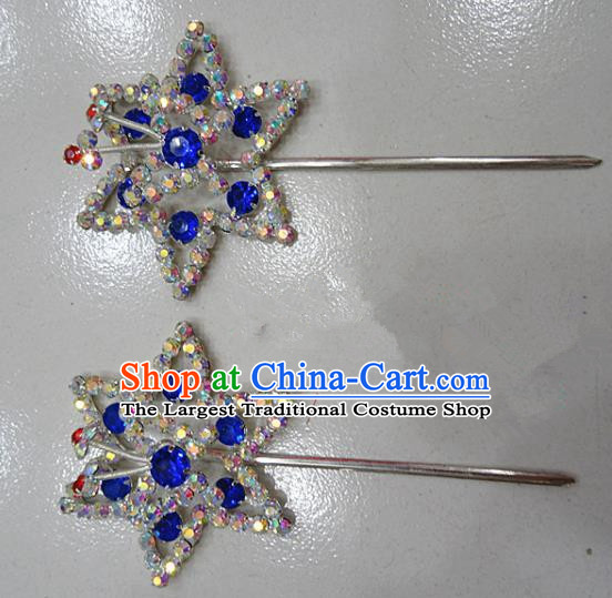 Chinese Traditional Beijing Opera Diva Royalblue Crystal Hexagon Hairpins Princess Hair Clip Hair Accessories for Adults