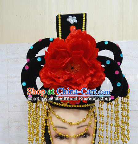 Chinese Traditional Beijing Opera Actress Hair Accessories Ancient Peri Red Peony Hairpins and Wigs for Adults