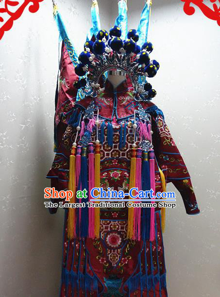 Chinese Traditional Beijing Opera Female General Wine Red Embroidered Clothing Peking Opera Mu Guiying Costume for Adults