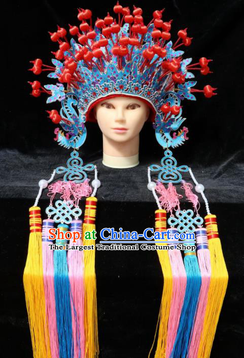 Chinese Traditional Beijing Opera Queen Hair Accessories Ancient Bride Blue Phoenix Coronet Headwear