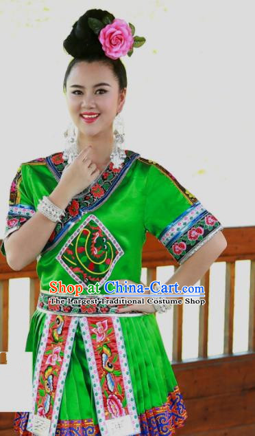 Chinese Traditional Miao Nationality Costume Ethnic Folk Dance Green Dress for Women