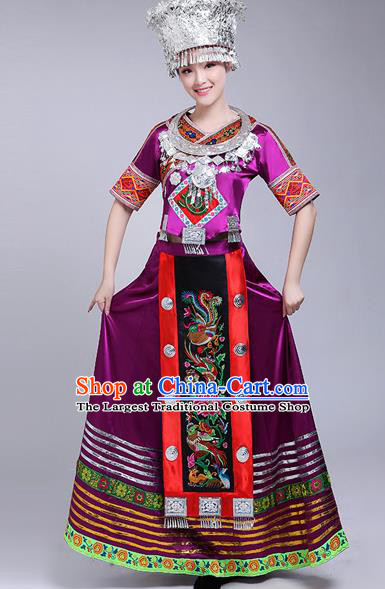 Chinese Traditional Miao Nationality Female Costume Ethnic Folk Dance Purple Dress for Women