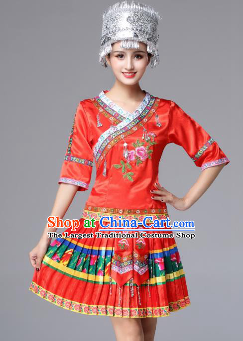 Chinese Traditional Miao Nationality Female Red Costume Ethnic Folk Dance Pleated Skirt for Women